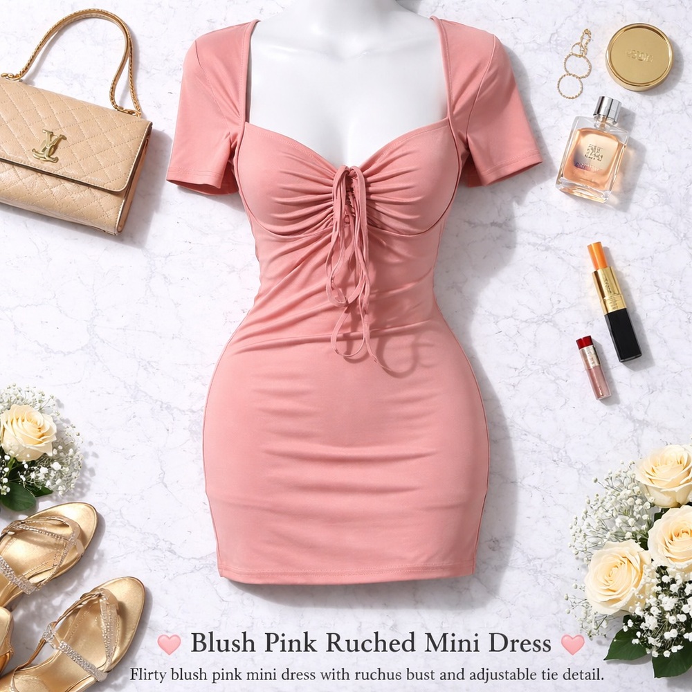 ❤️Chic Ruched Mini Dress in Soft Pink